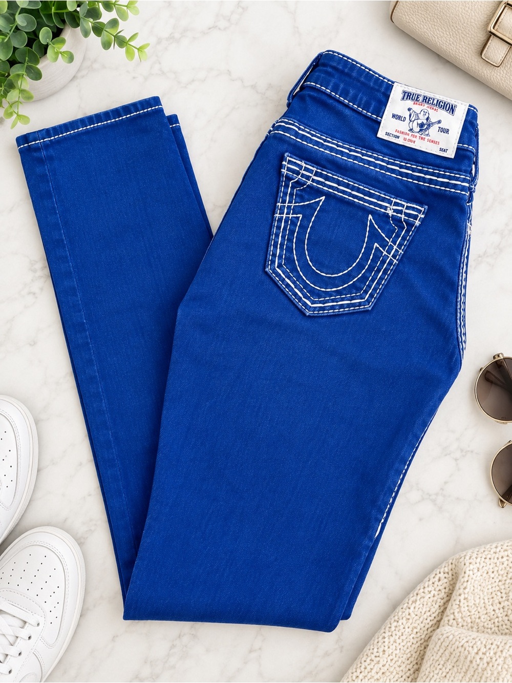True Religion Women's Cobalt Skinny Jeans with White Stitching